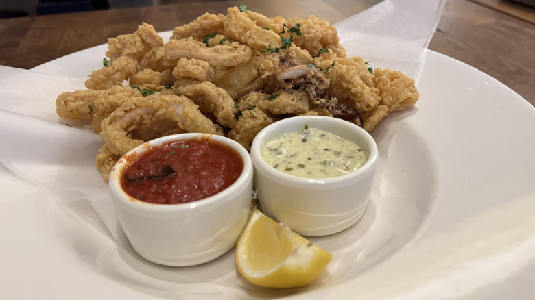 A white plate contains calamari with tomato sauce and tartar sauce.