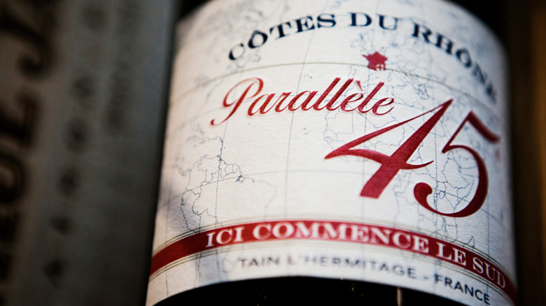 close-up of a label of French red wine from Rhone valley