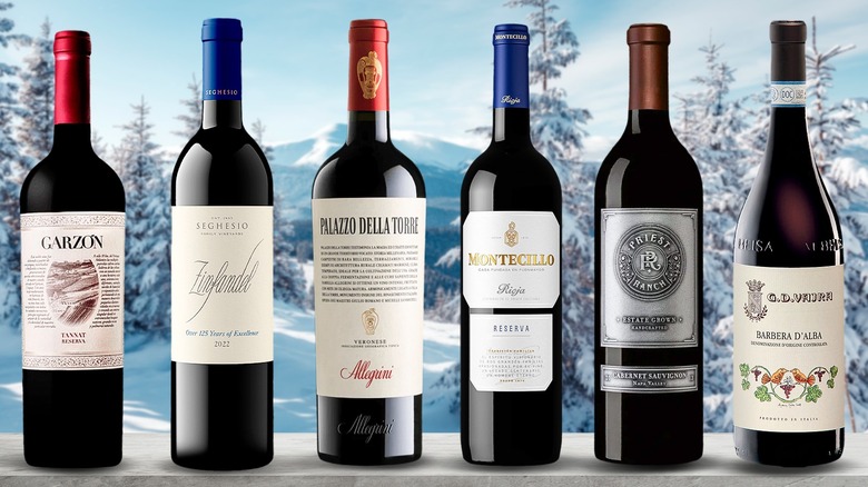 assorted red wine bottles with winter landscape background