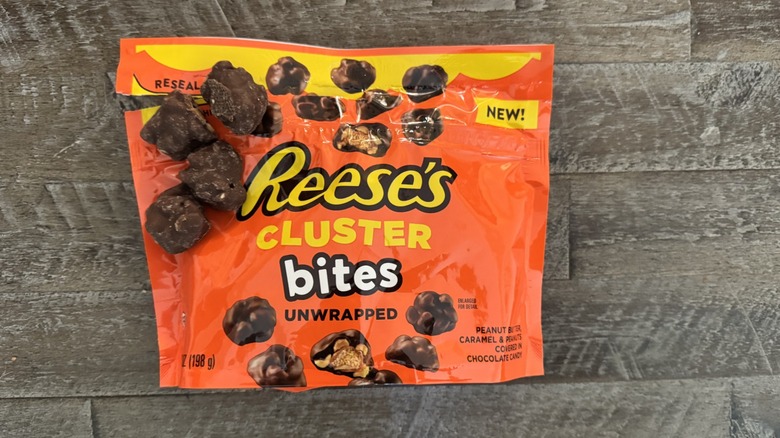 Reese's cluster bites on wooden surface