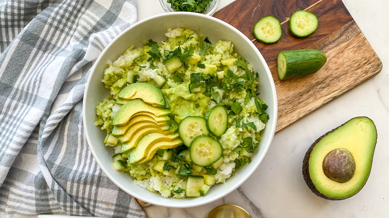 cucumber avocado rice in bowl