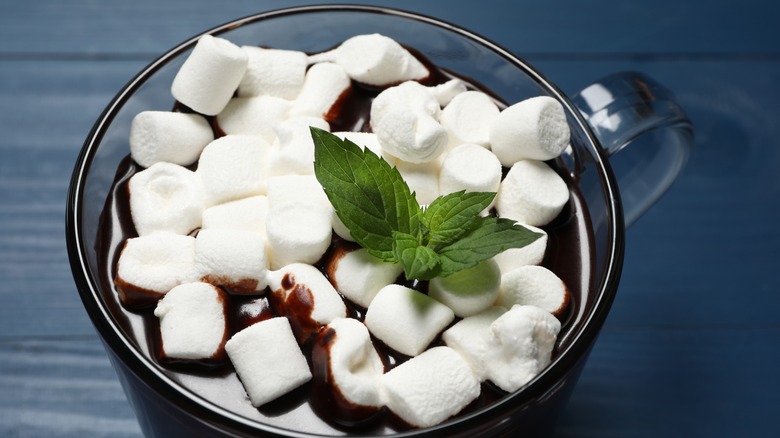 A glass hot mug filled with hot chocolate topped with marshmallows and mint