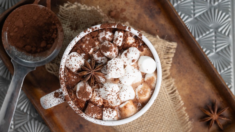 Mug of hot chocolate topped with marshmallows and star anise