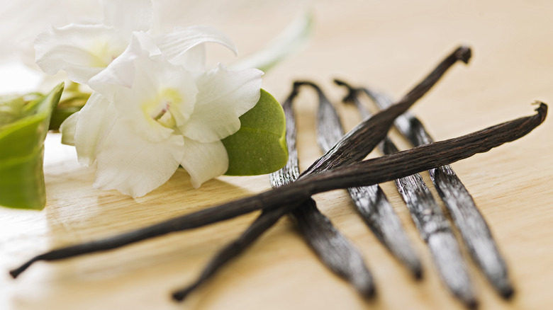 Vanilla bean pods next to white flower