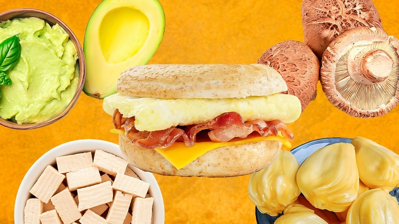 Breakfast sandwich surrounded by food