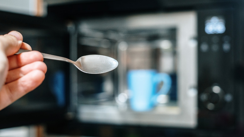Hand holding spoon near microwave