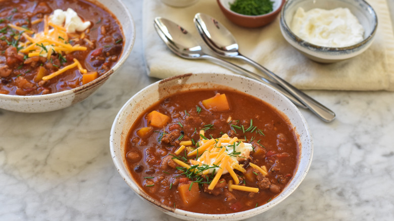 turkey butternut chili in bowls