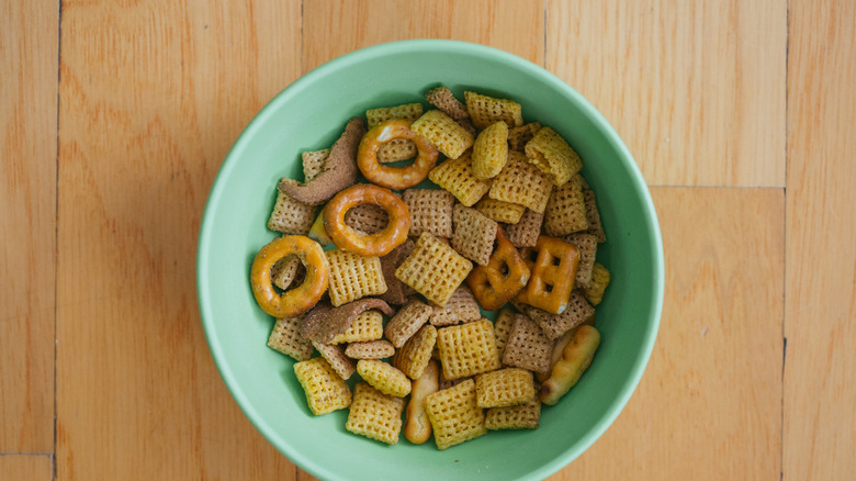 Chex Mix in blue bowl