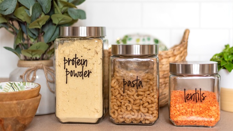 Pantry dry goods in labelied jars