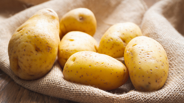 Yukon gold potatoes on burlap