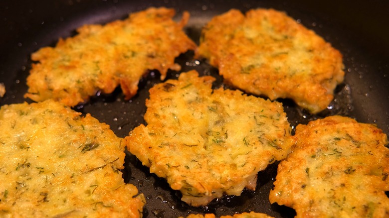 Oily hash browns in skillet