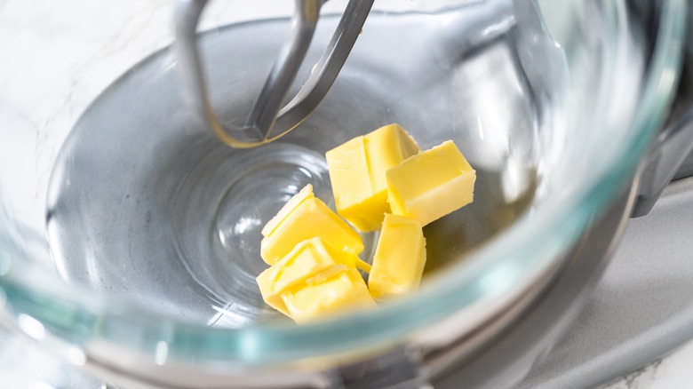 Butter in stand mixer bowl