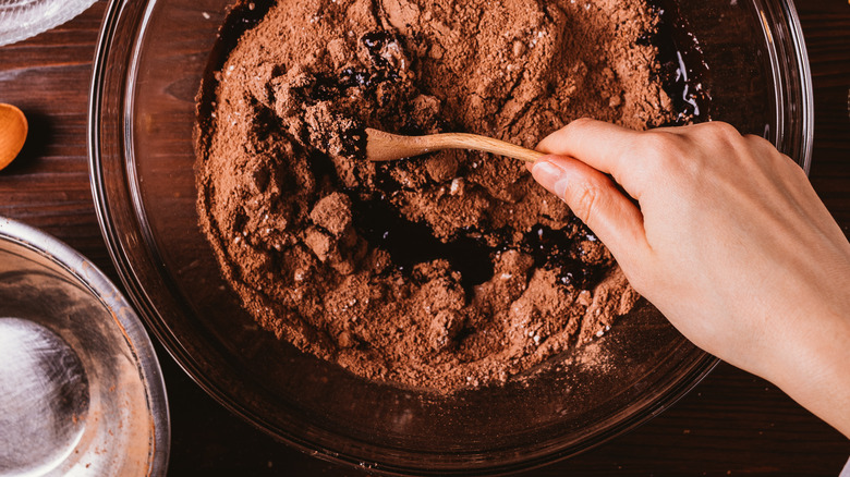 Mixing brownie batter in bowl