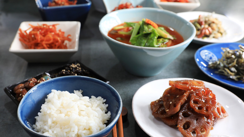 rice lotus root soup pickles table chopsticks