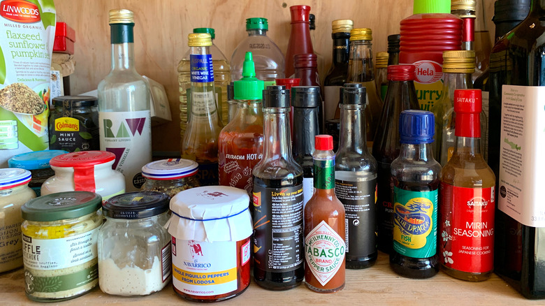 Pantry ingredients bottles soy vinegar