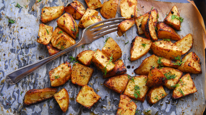 Roasted potatoes on sheet pan 