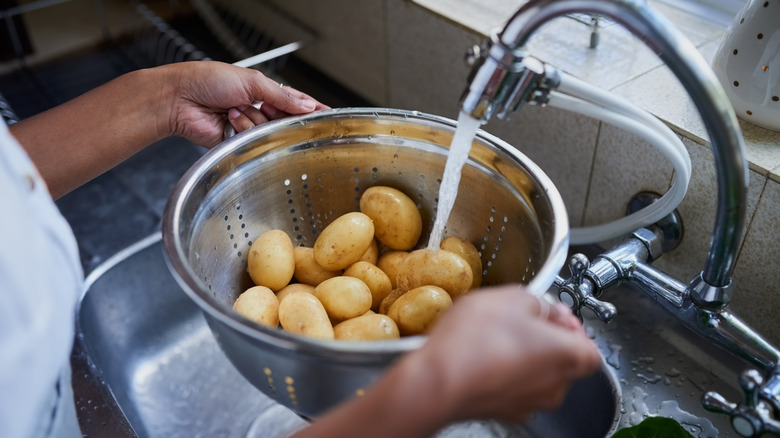 A person rinsing potatoes