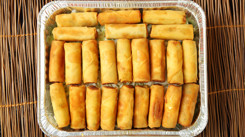 A tray of egg rolls. 
