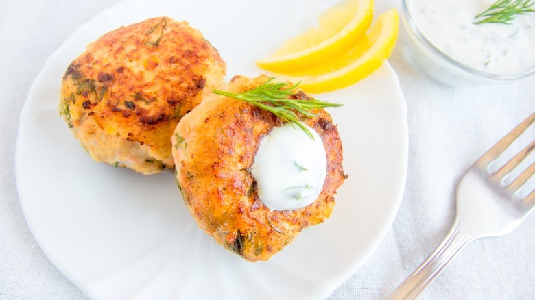 Two fish cakes on a plate