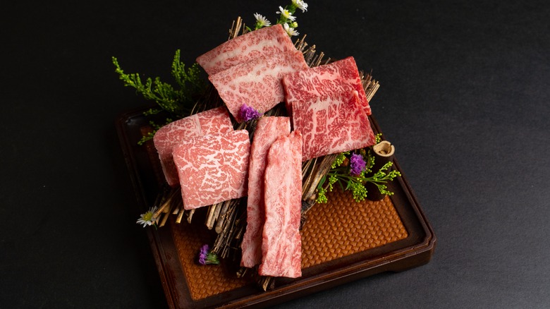 Slices of steak on tray