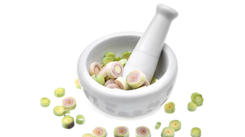 lemongrass in mortar and pestle