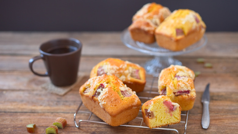 Rhubarb pound cake on counter