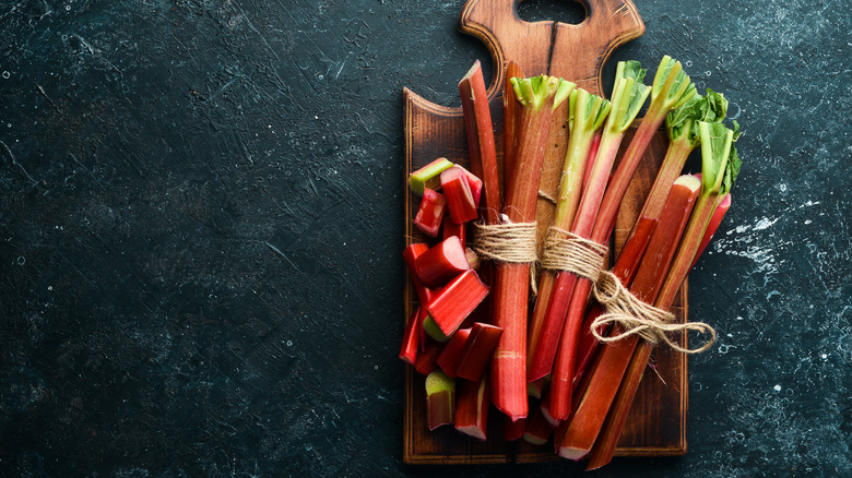 Fresh rhubarb on cutting board