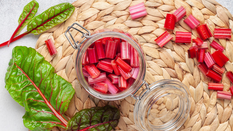 Pickled rhubarb in glass jar