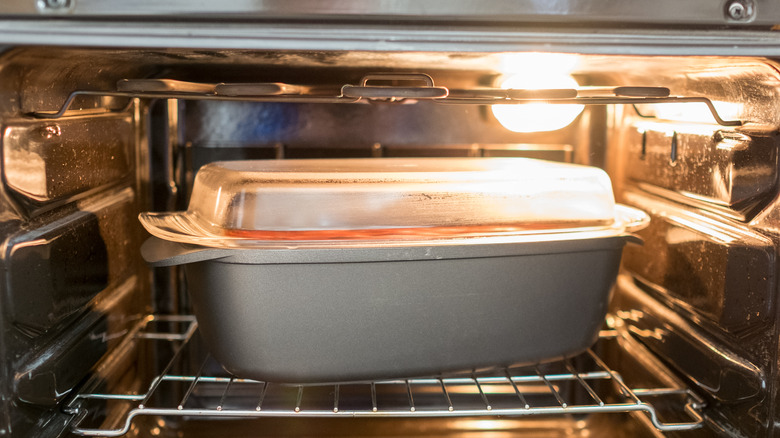 Baking dish in oven 