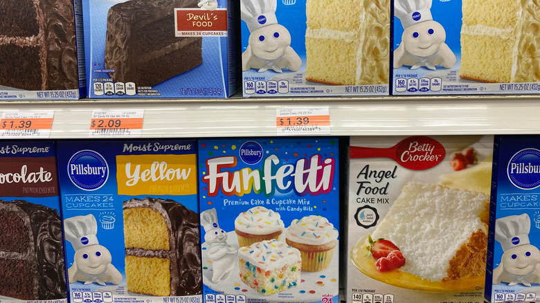 Boxed cake mix on shelves