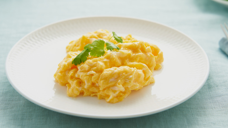 Scrambled eggs on white plate 