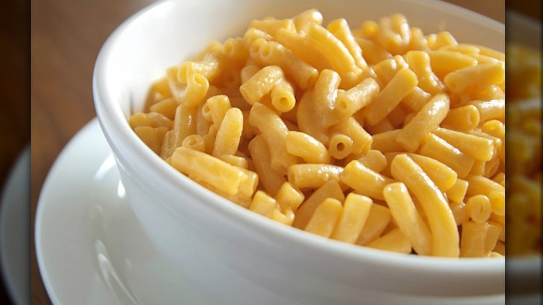 Macaroni and cheese in white bowl