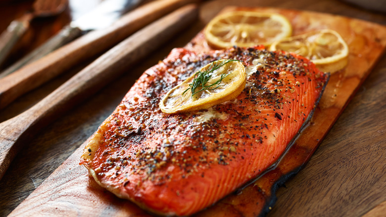 Plank grilled salmon and lemon