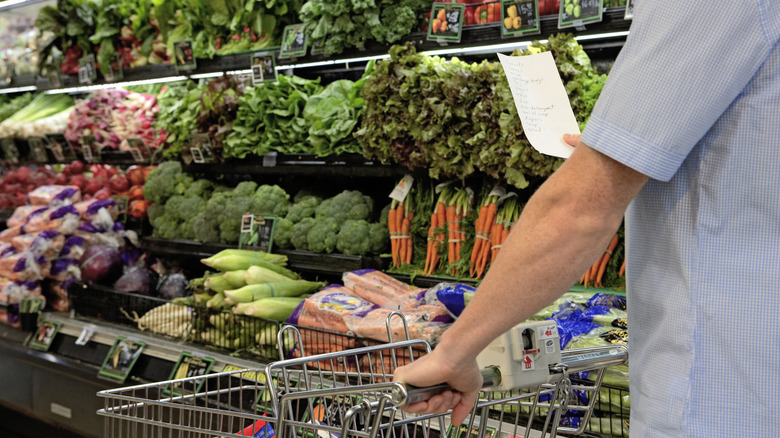 man with shopping list and cart