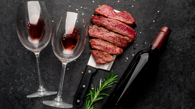 red wine, rare beef and rosemary