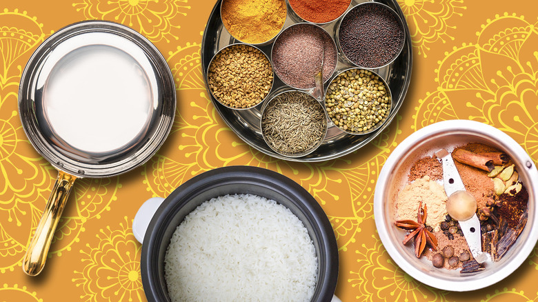 four types of Indian cookware on yellow-orange background