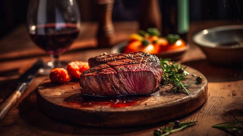 steak on wooden chopping board