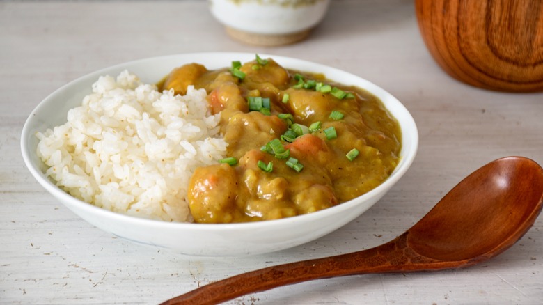 Kare kaisu, a Japanese curry dish with vegetables, rice, and meat, on table with spoon