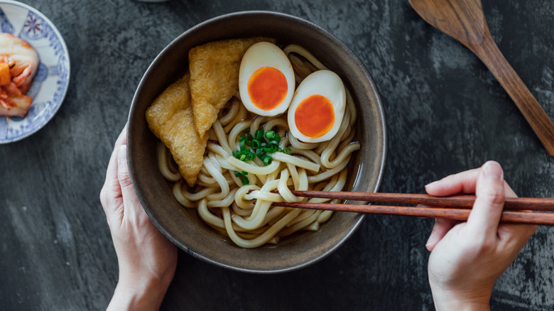 Hands holding chopsticks over a bowl of udon noodles with boiled egg and bean curd