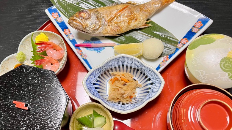 A meal with traditional tableware in a ryotei restaurant in Japan