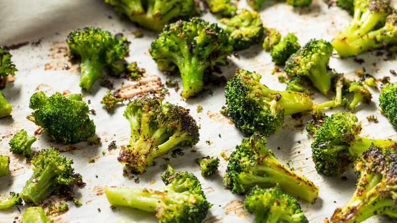 Homemade roasted broccoli on pan