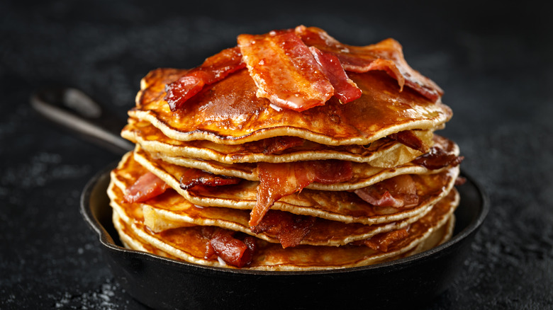 Pancakes and bacon layered