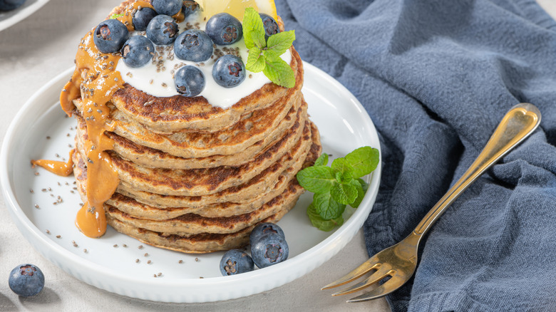 Peanut butter pancakes with blueberries