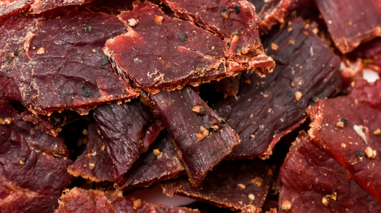 Macro shot of dried beef jerky