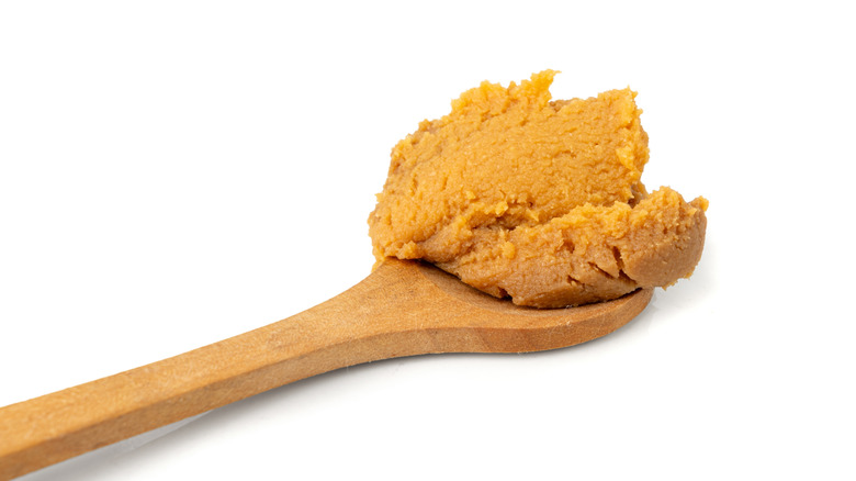 Miso paste on wooden spoon