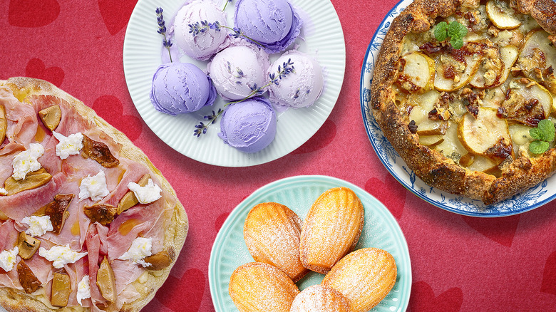 Dishes of lavender ice cream, madeleines, prosciutto flatbread, and galettes on red background