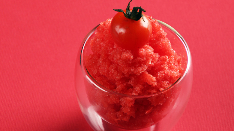 Tomato granita with tomato garnish