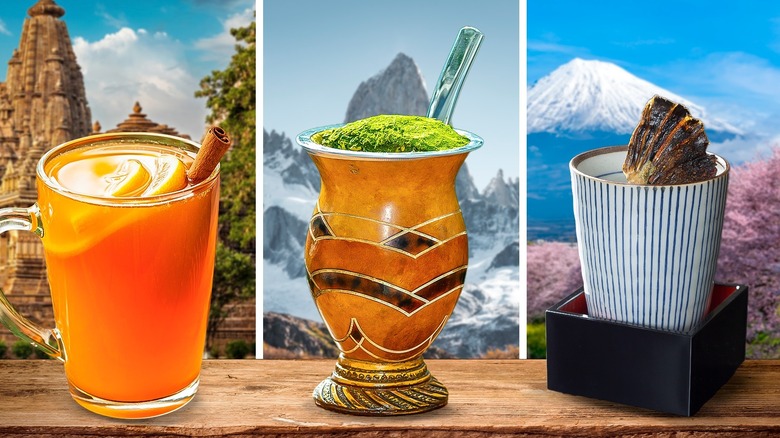 Three drinks from different cultures with scenery in background