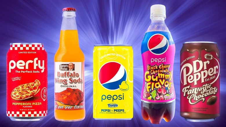 Bottles and cans of unusual soda flavors