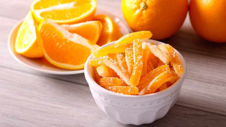 Candied orange peels in bowl